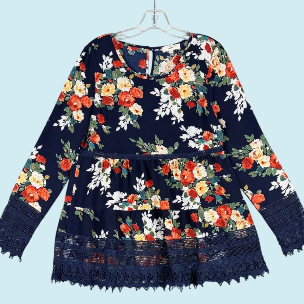 Entro Top Women's Small Navy Floral Crocheted Lace Trim tiered long sleeve NWT